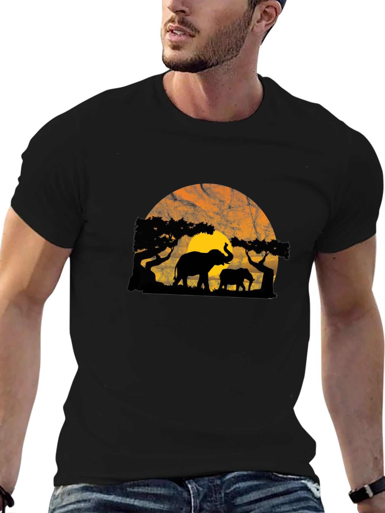 Elephant Silhouette Graphic Print Crew Neck T-Shirt