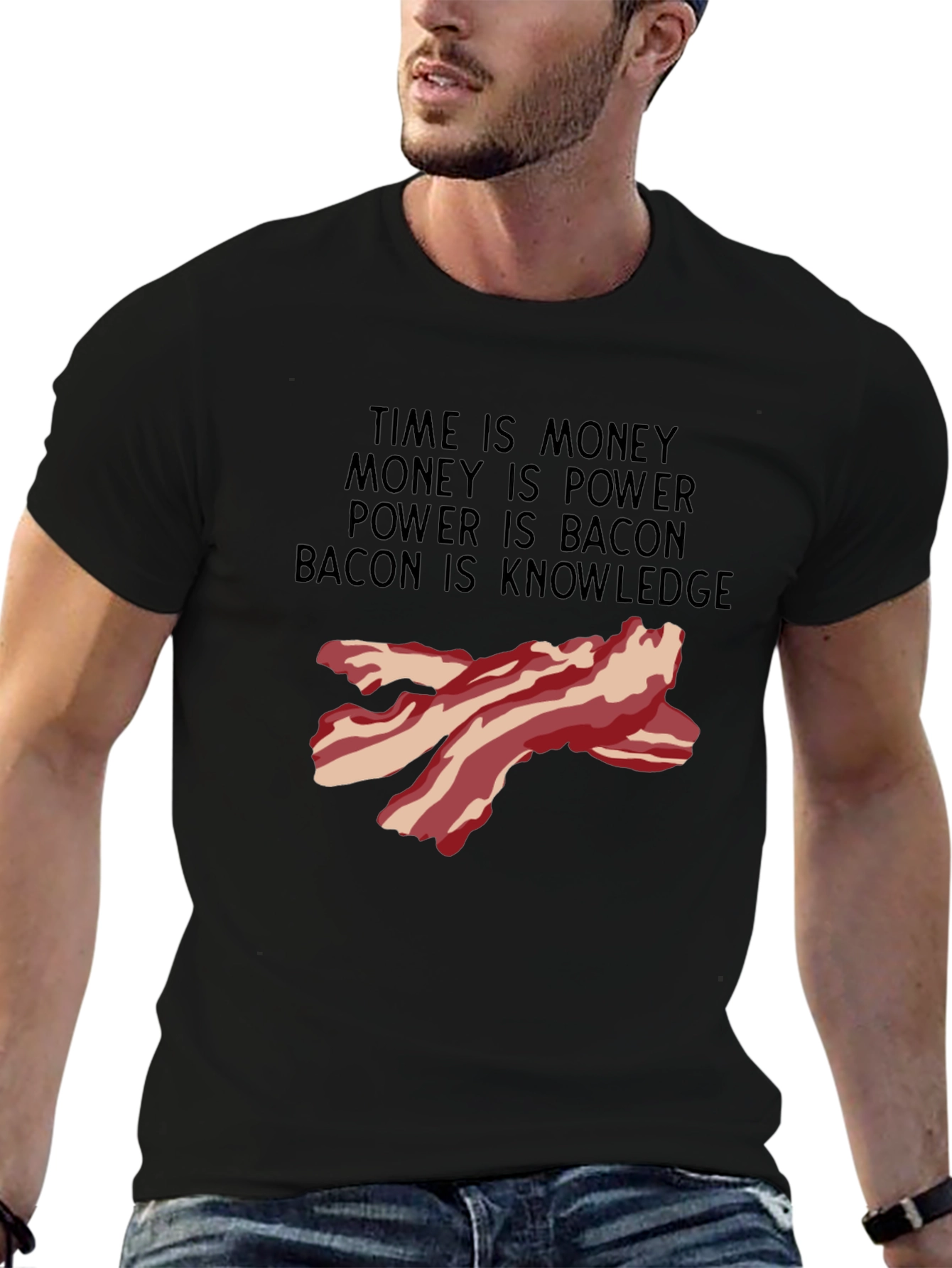 Bacon Knowledge Black T-Shirt - Funny Foodie Tee