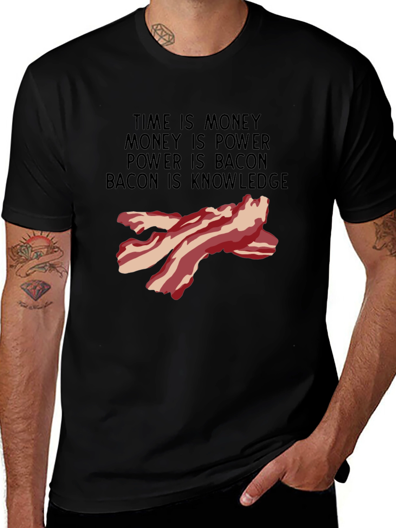 Bacon Knowledge Black T-Shirt - Funny Foodie Tee