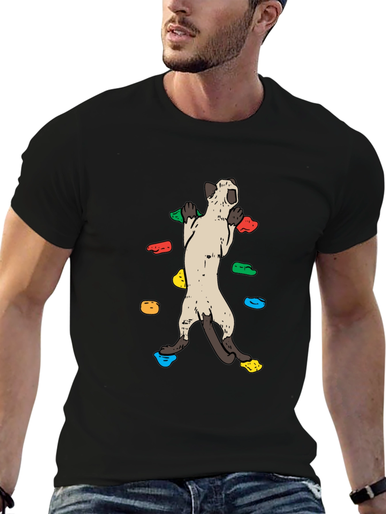 Climbing Cat T-Shirt - Black Cotton Tee