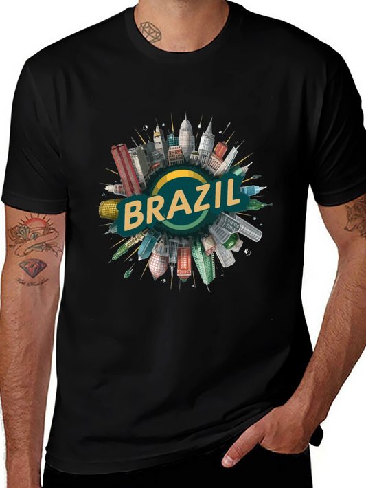 Brazil Cityscape Graphic Tee - Black Cotton T-Shirt