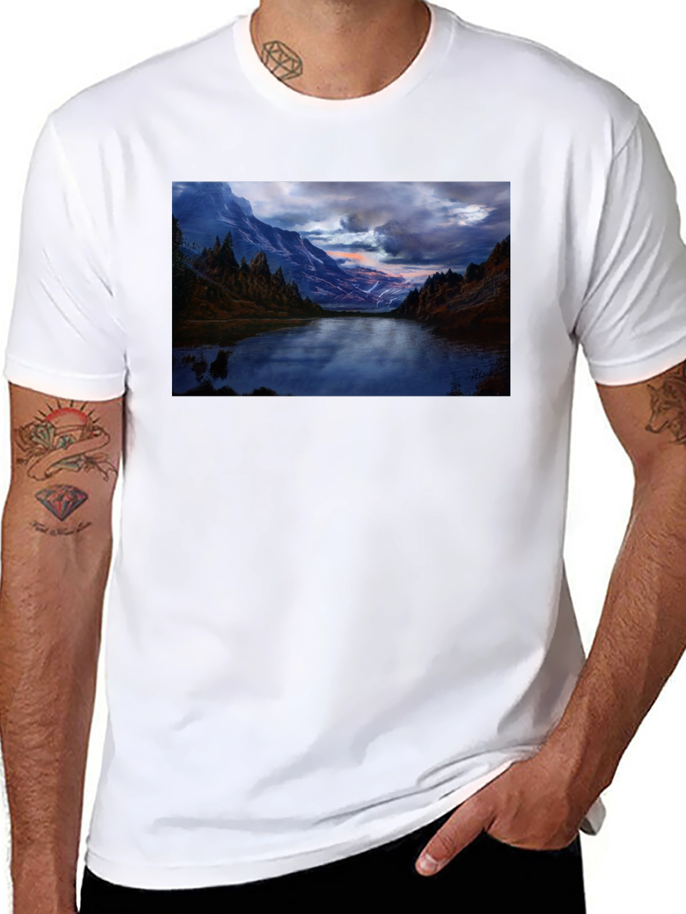 Mountain Lake Print Black T-Shirt