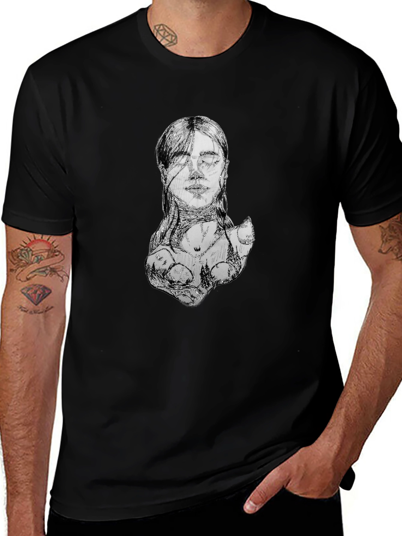 Abstract Sketch Face Black T-Shirt