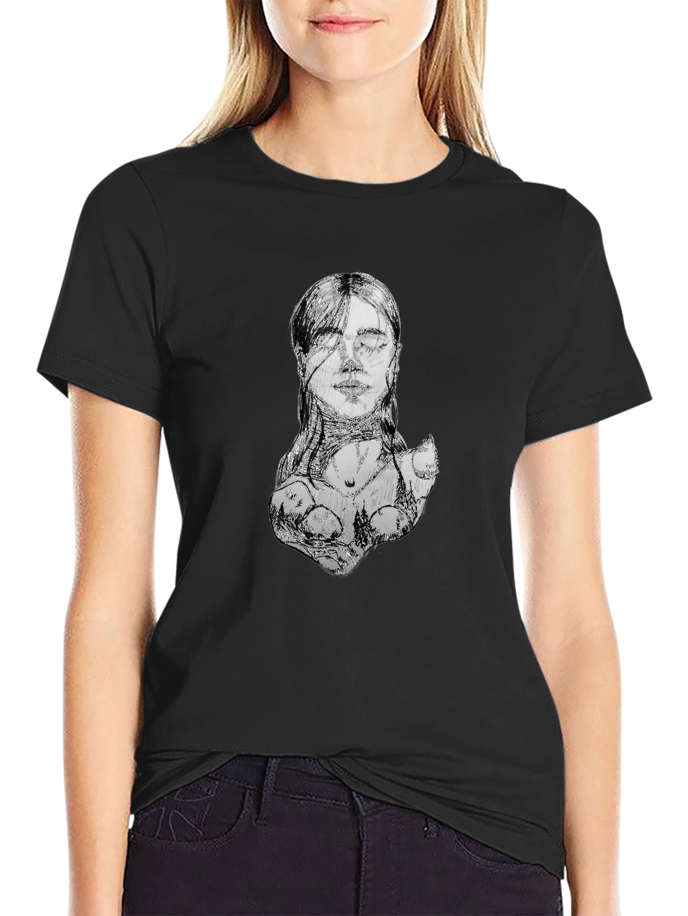 Abstract Sketch Face Black T-Shirt