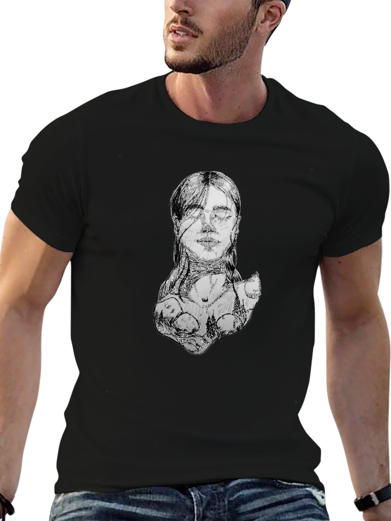 Abstract Sketch Face Black T-Shirt