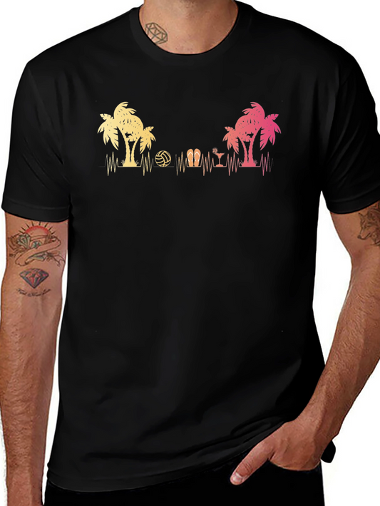 Beach Life Heartbeat T-Shirt: Palm Trees Volleyball & Cocktails