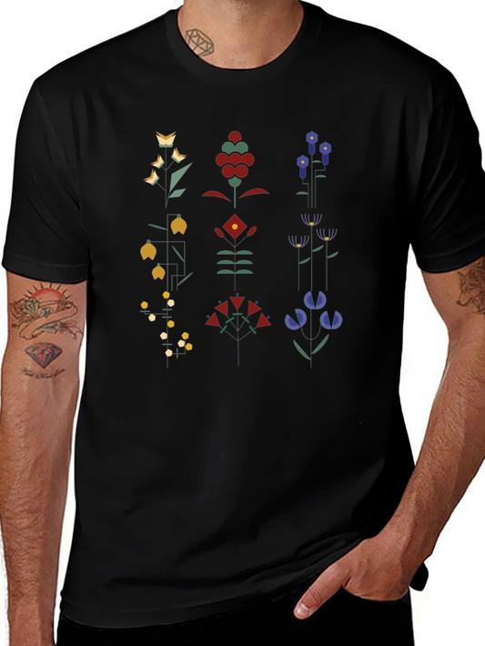 Geometric Floral Print Black T-Shirt