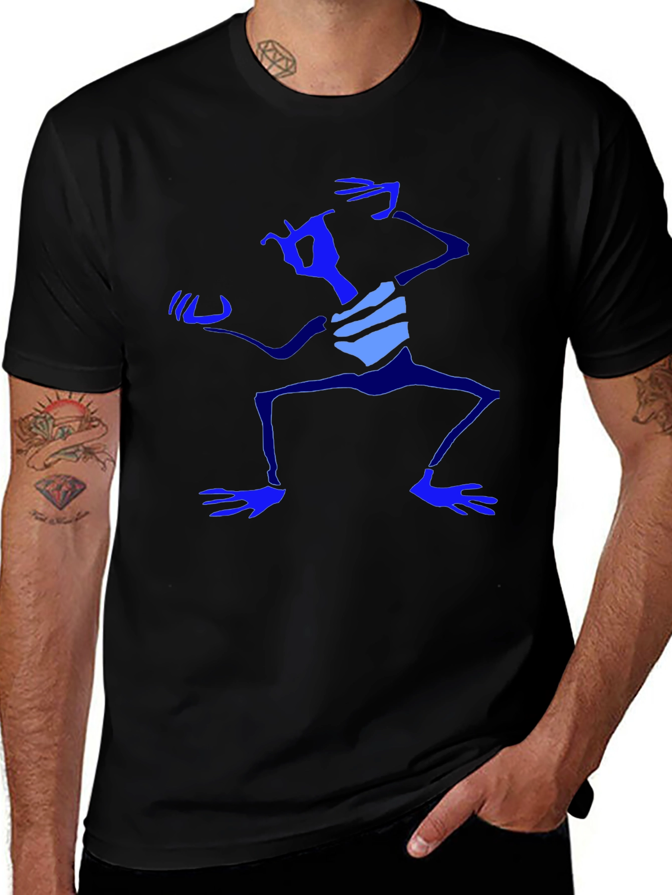 Abstract Blue Character Graphic Black T-Shirt