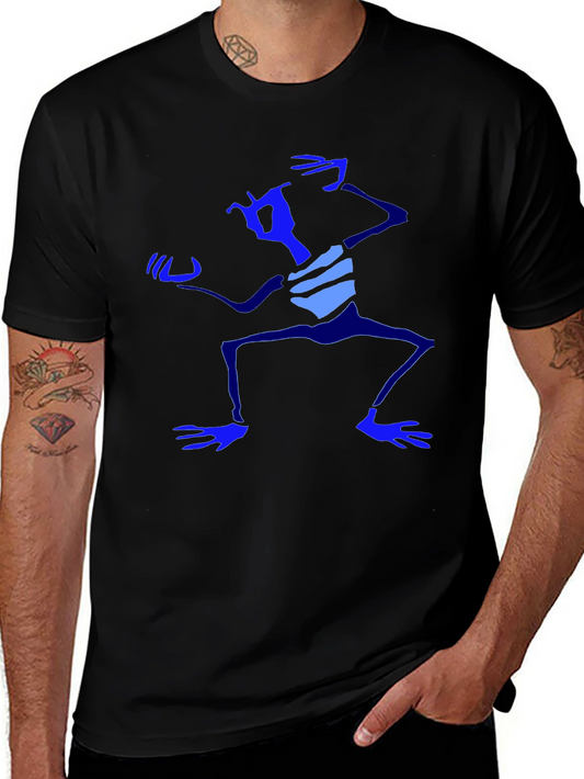 Abstract Blue Character Graphic Black T-Shirt