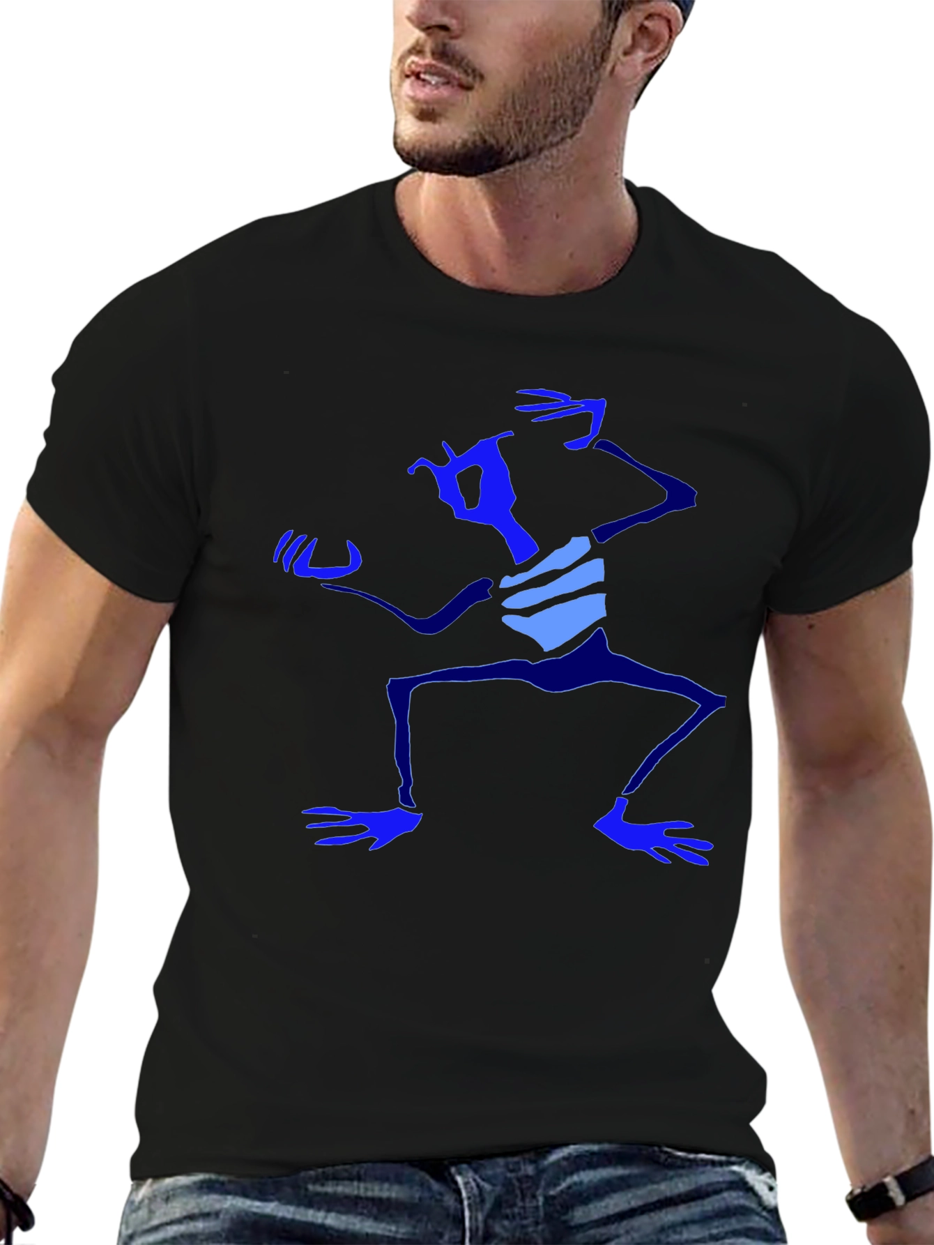 Abstract Blue Character Graphic Black T-Shirt