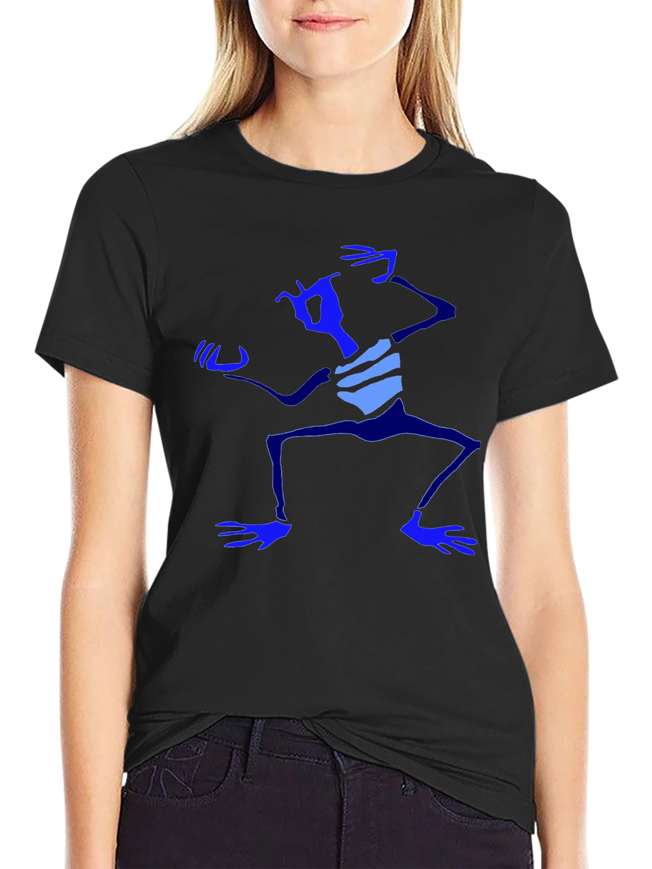 Abstract Blue Character Graphic Black T-Shirt