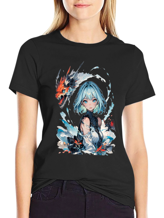 Anime Girl and Dragon Graphic Black T-Shirt