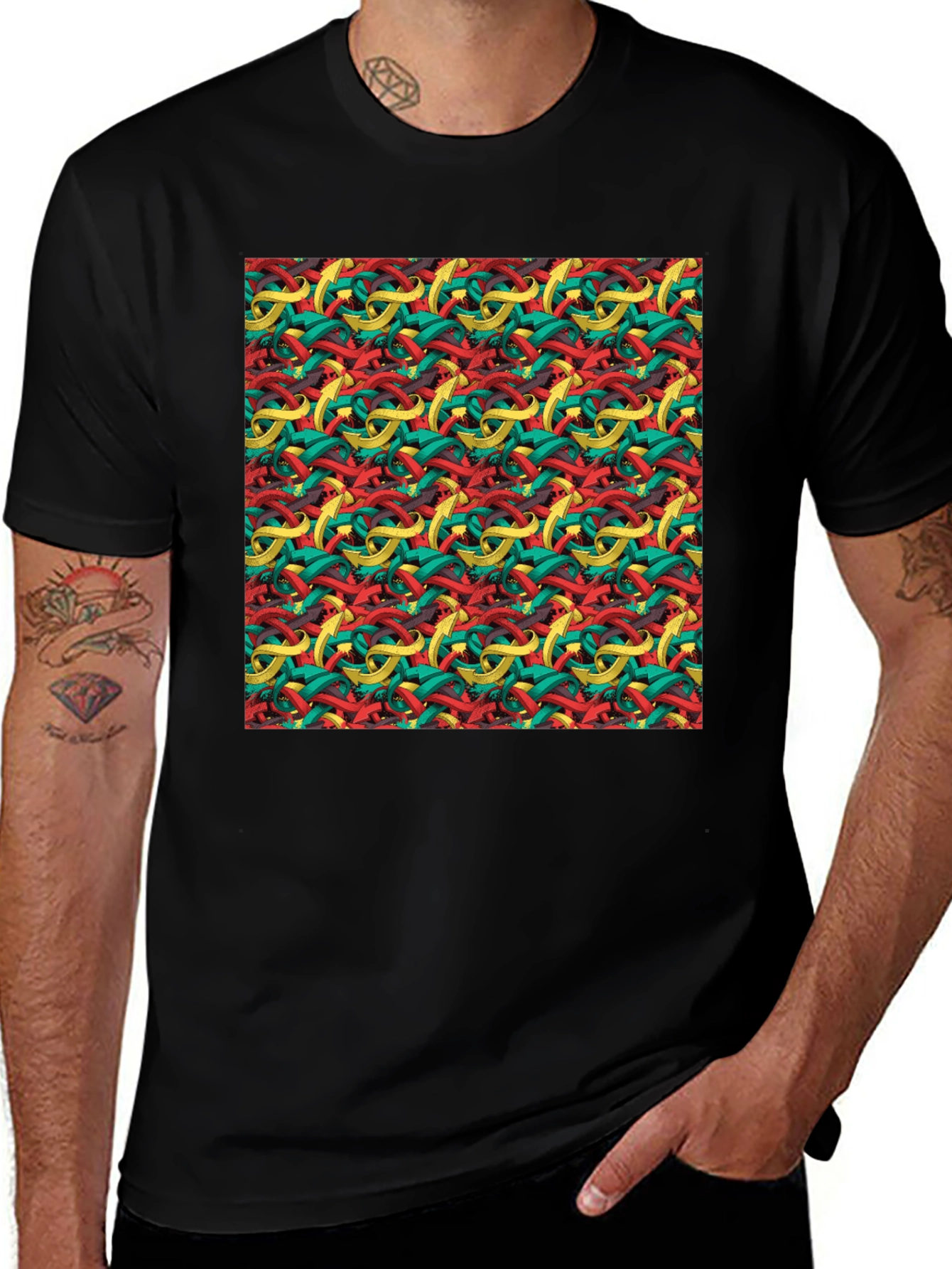 Abstract Ribbon Pattern Mens Black T-Shirt
