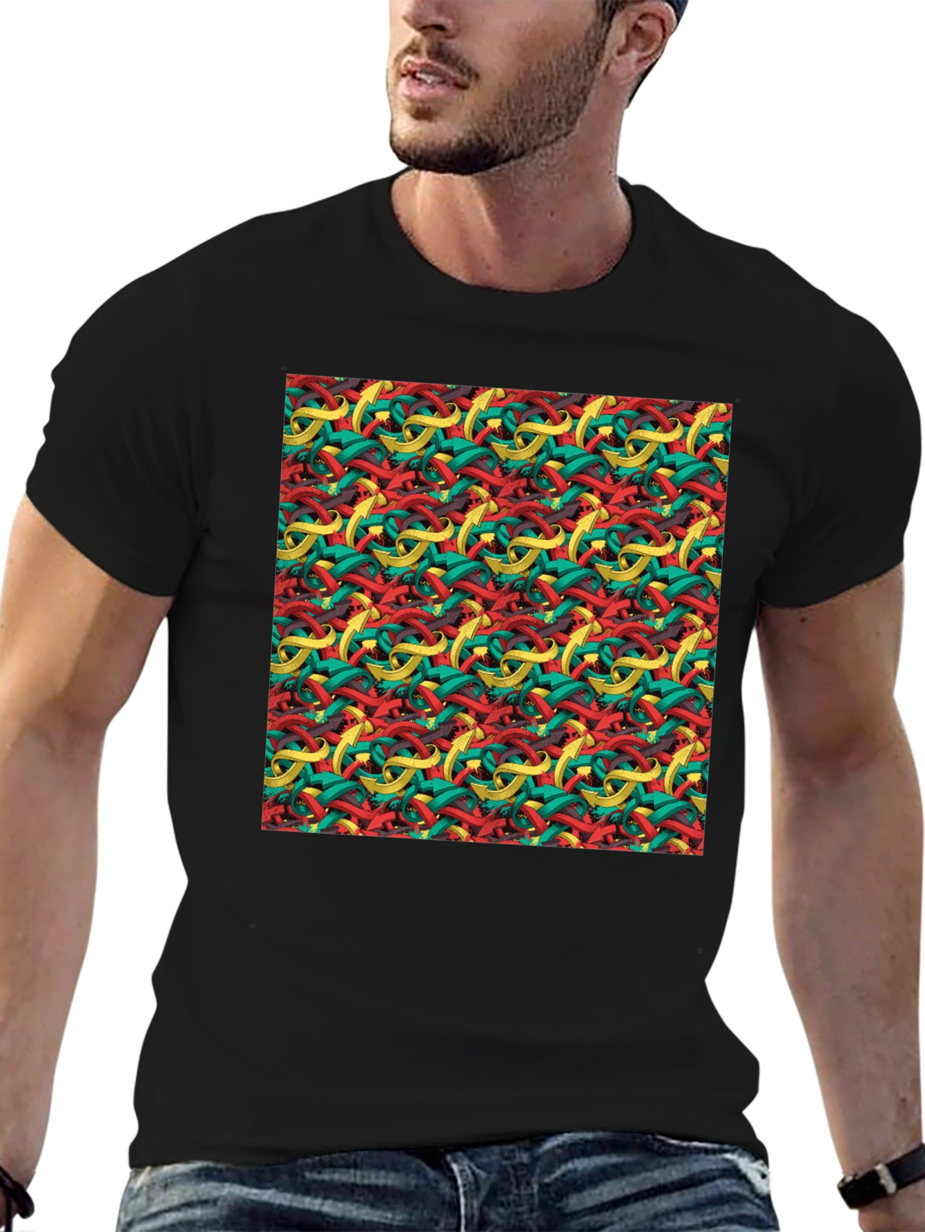Abstract Ribbon Pattern Mens Black T-Shirt