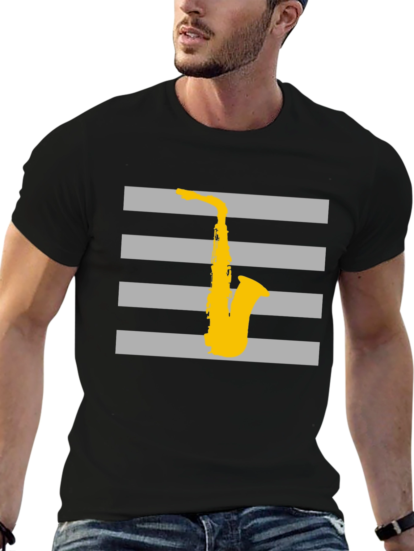 Striped Saxophone Graphic T-Shirt