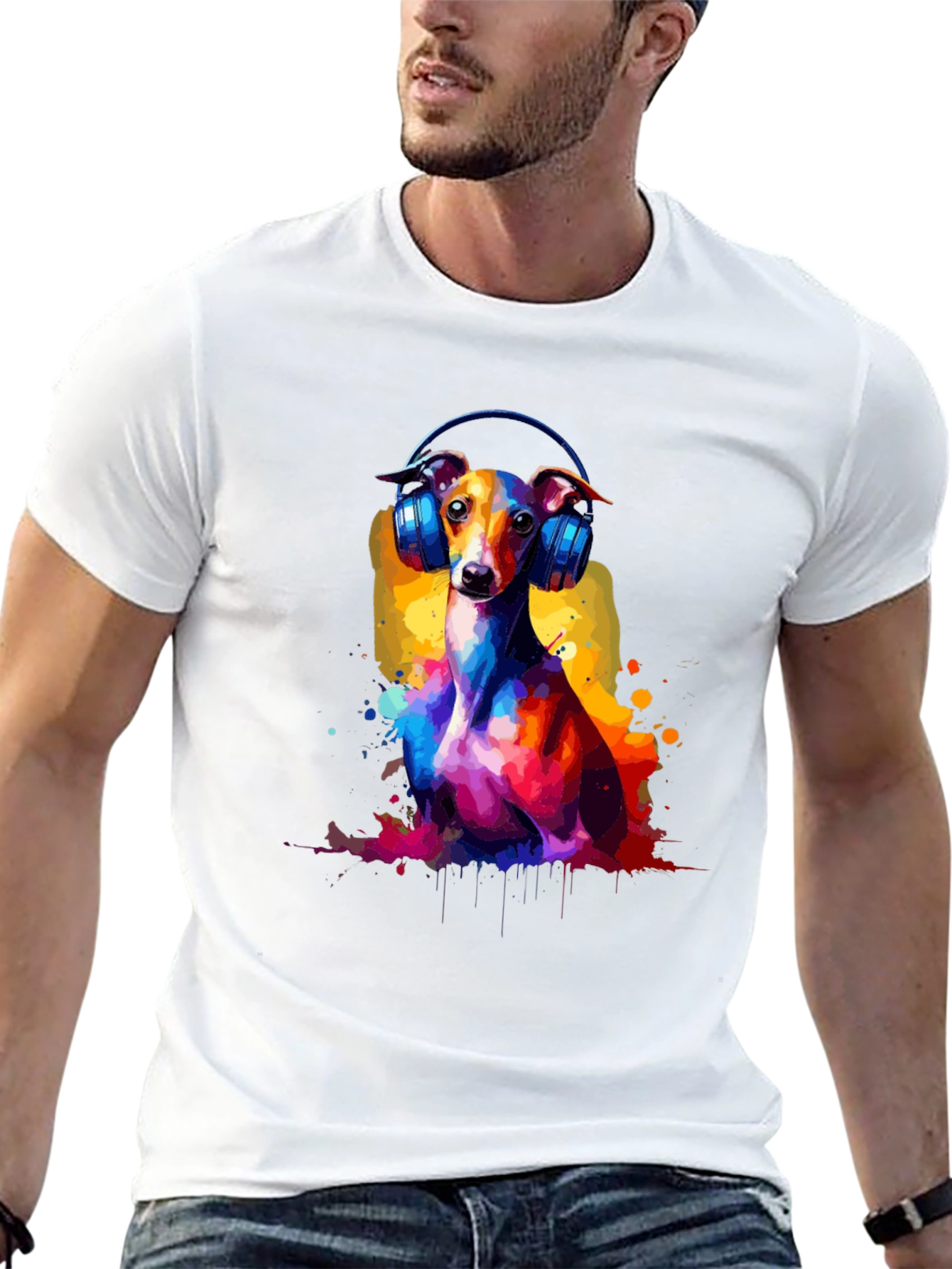 Dog with Headphones Graphic Tee - Black