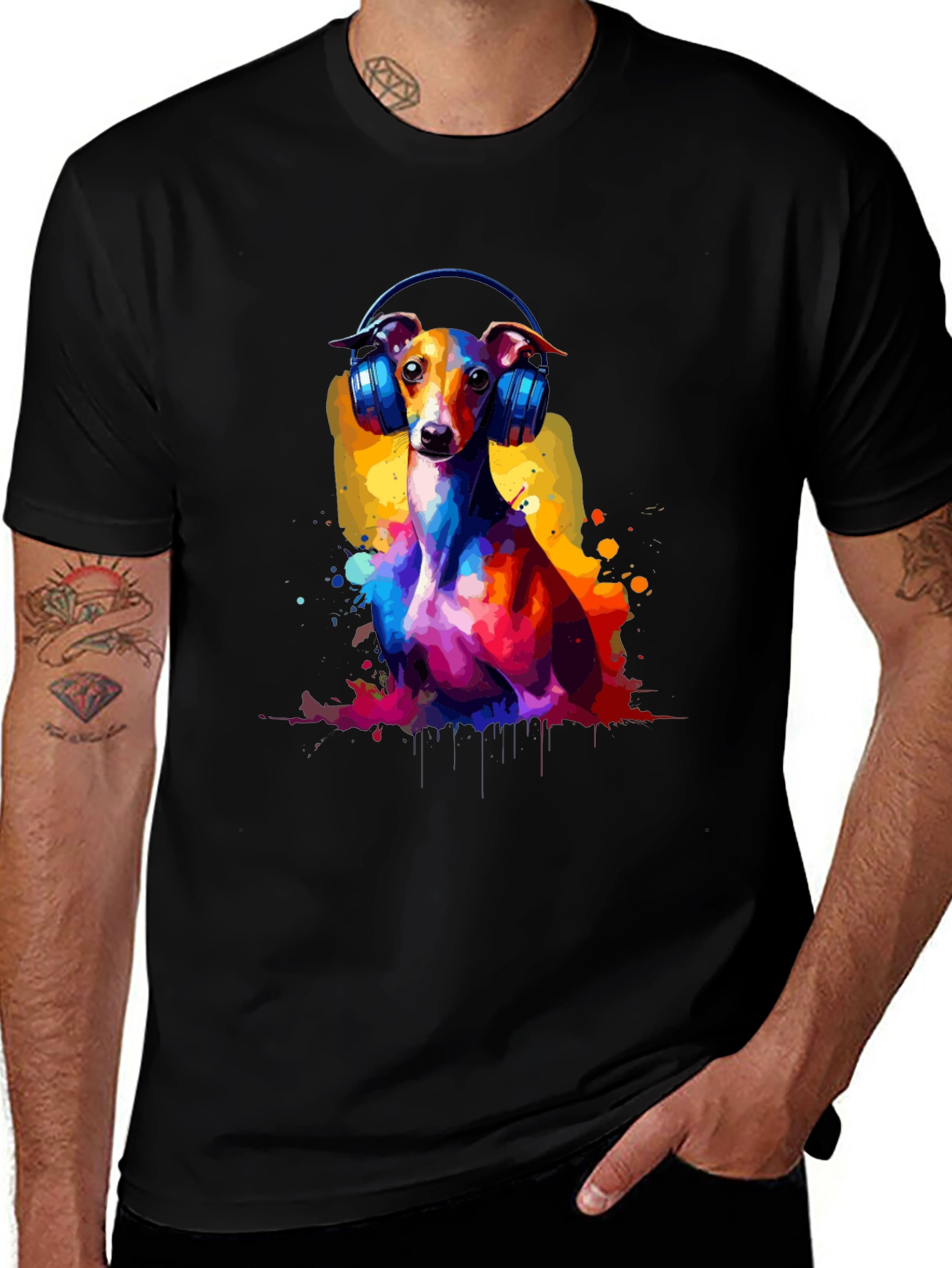 Dog with Headphones Graphic Tee - Black