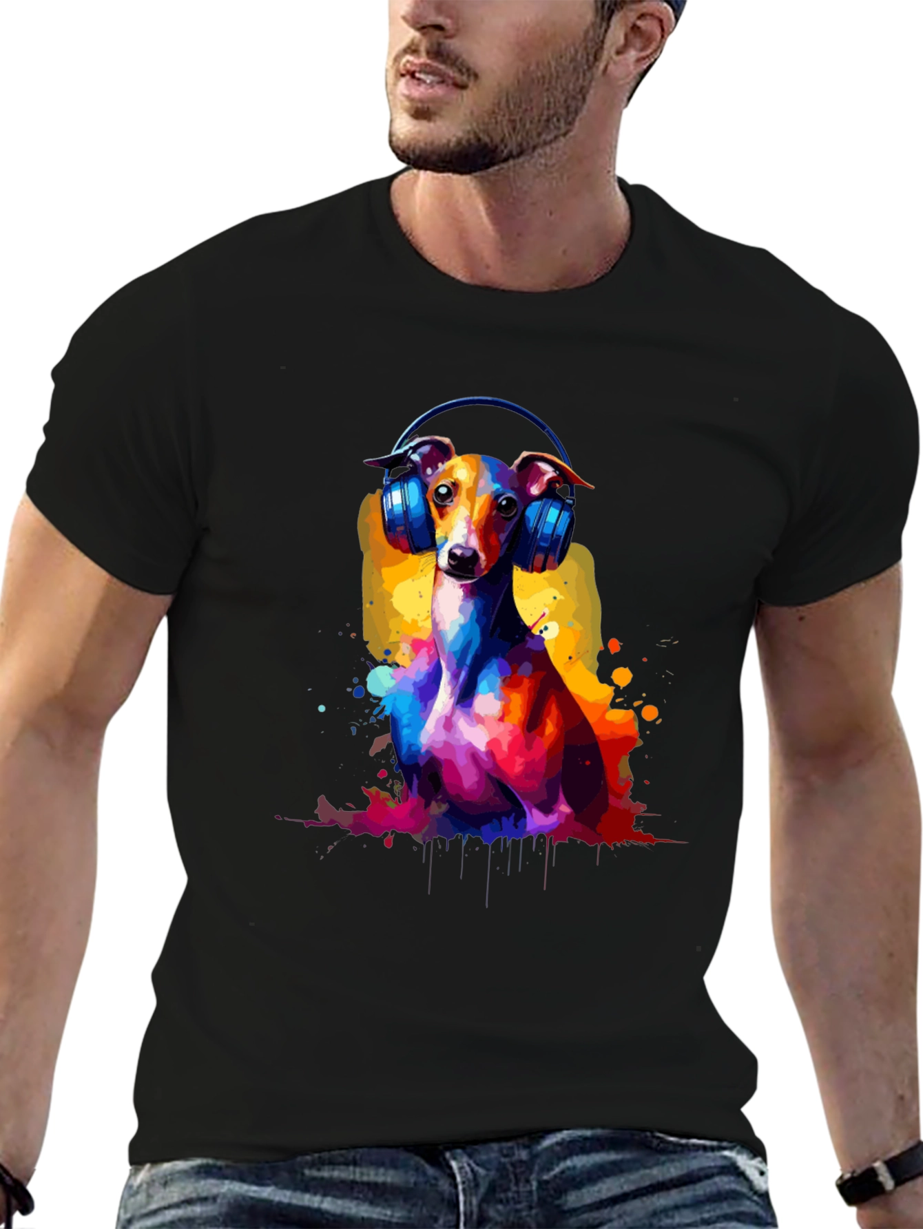 Dog with Headphones Graphic Tee - Black