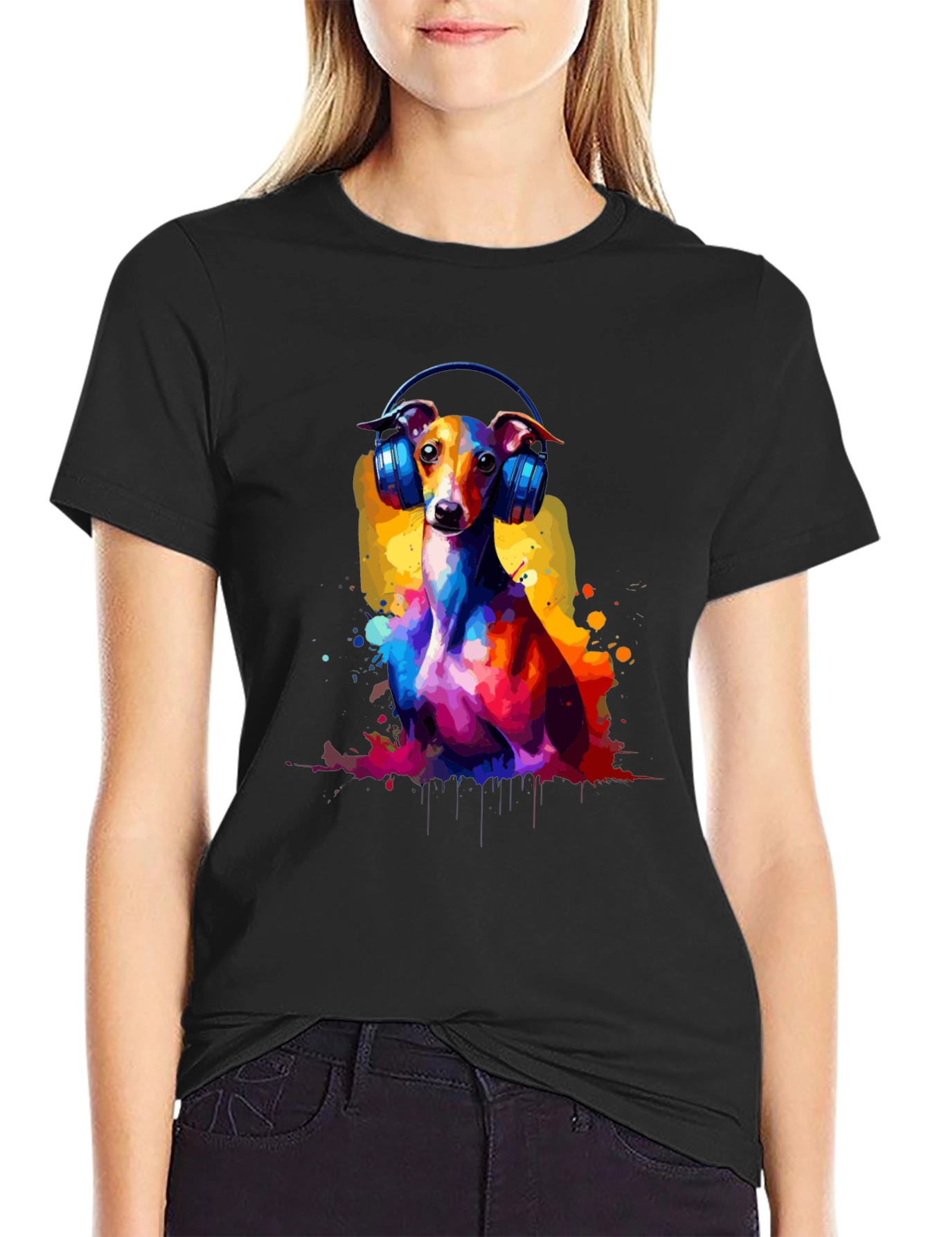 Dog with Headphones Graphic Tee - Black