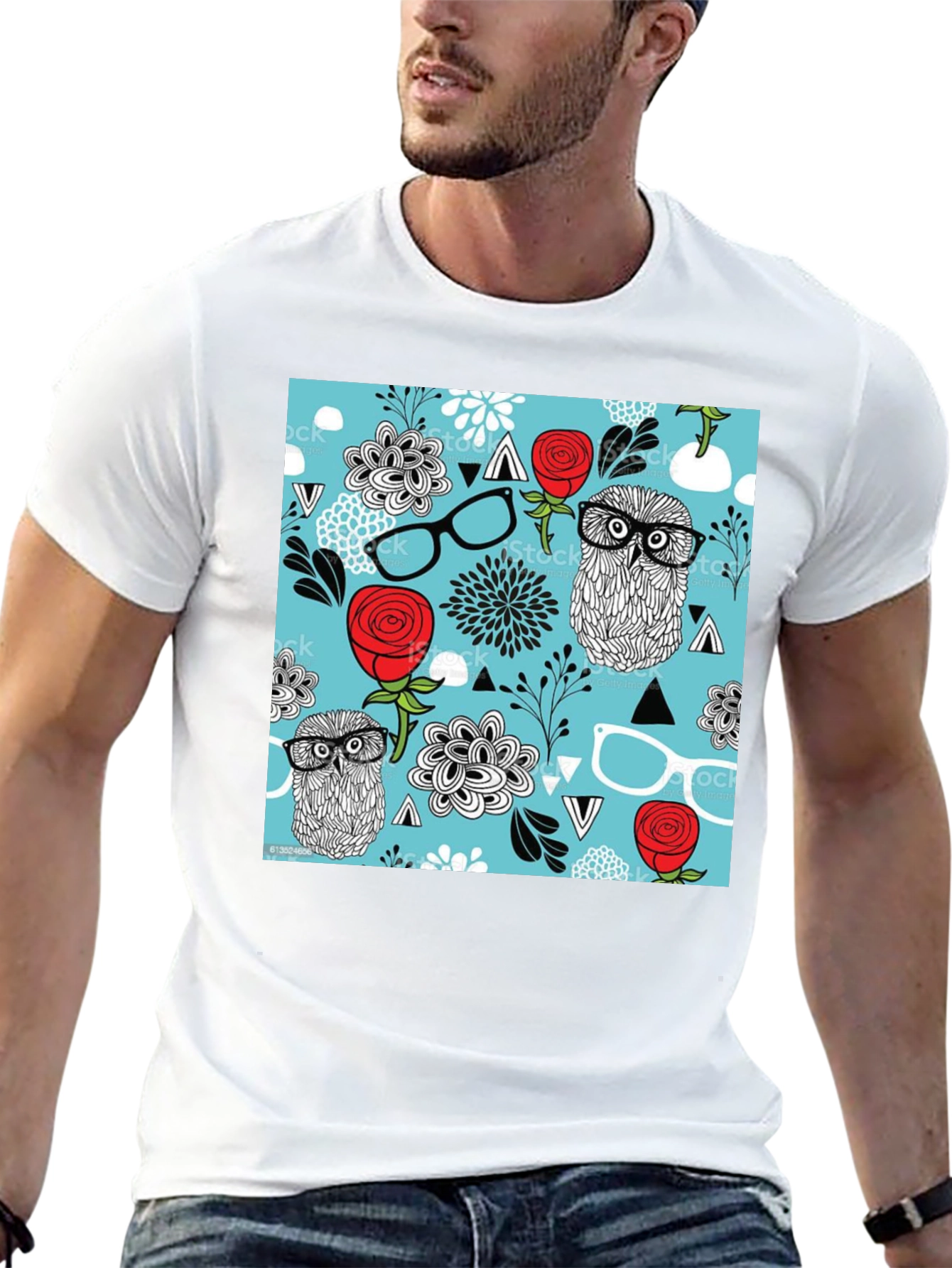 Trendy Owl & Floral Print Black T-Shirt