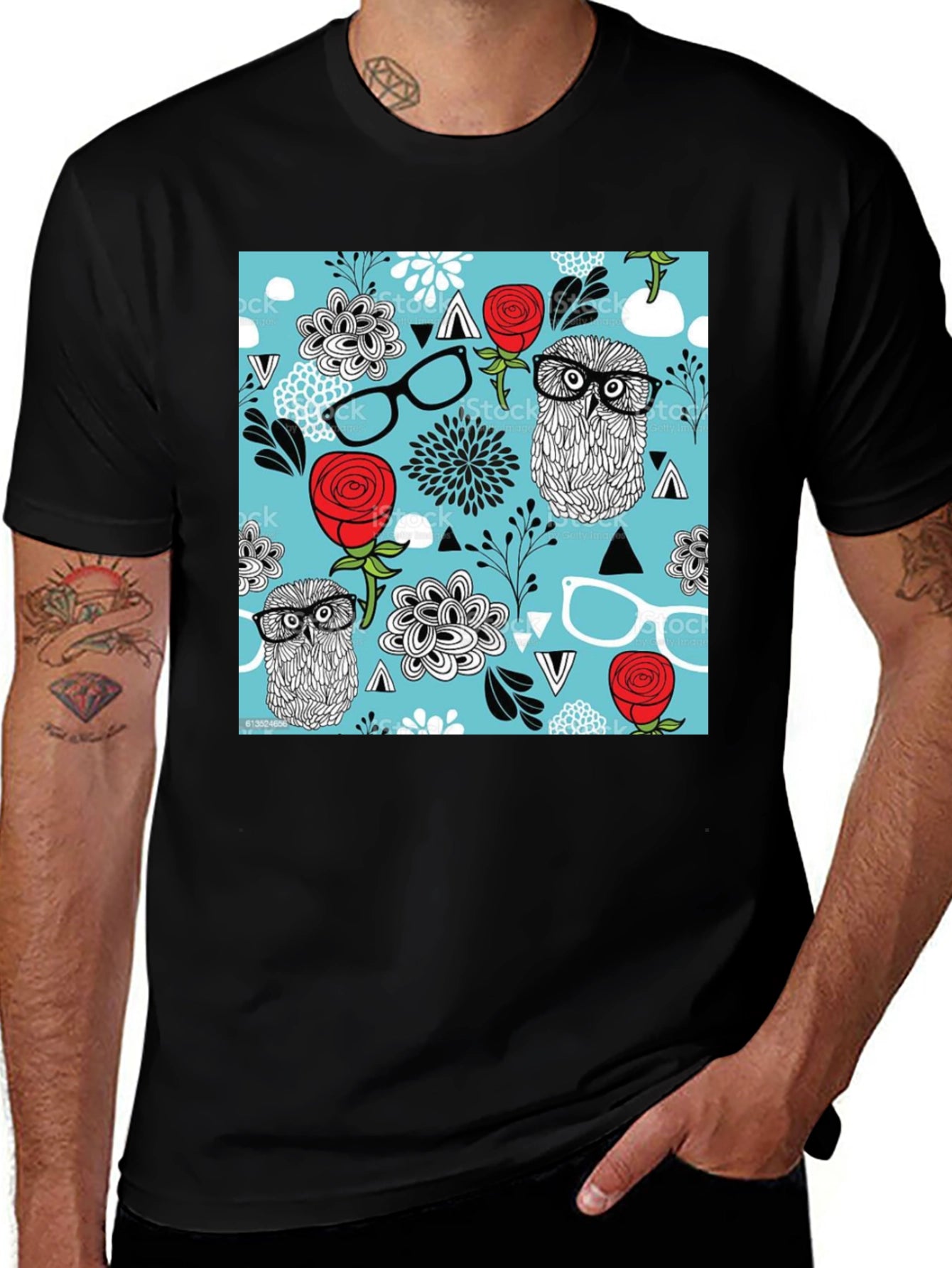 Trendy Owl & Floral Print Black T-Shirt