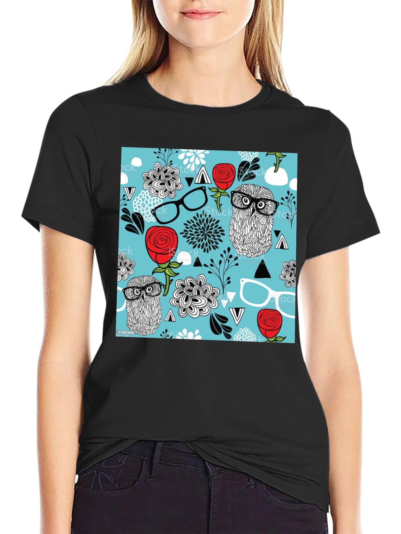Trendy Owl & Floral Print Black T-Shirt