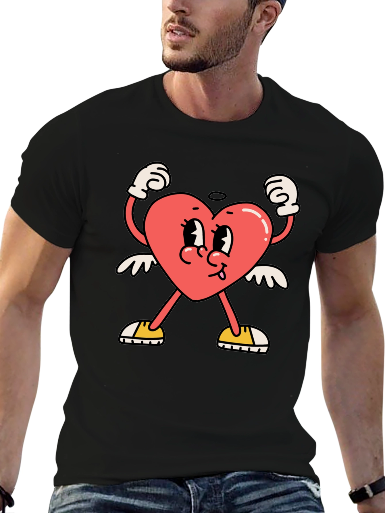 Heart Character Graphic Tee - Black Cotton T-Shirt