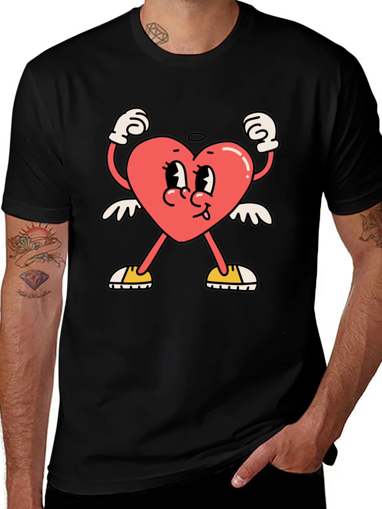 Heart Character Graphic Tee - Black Cotton T-Shirt