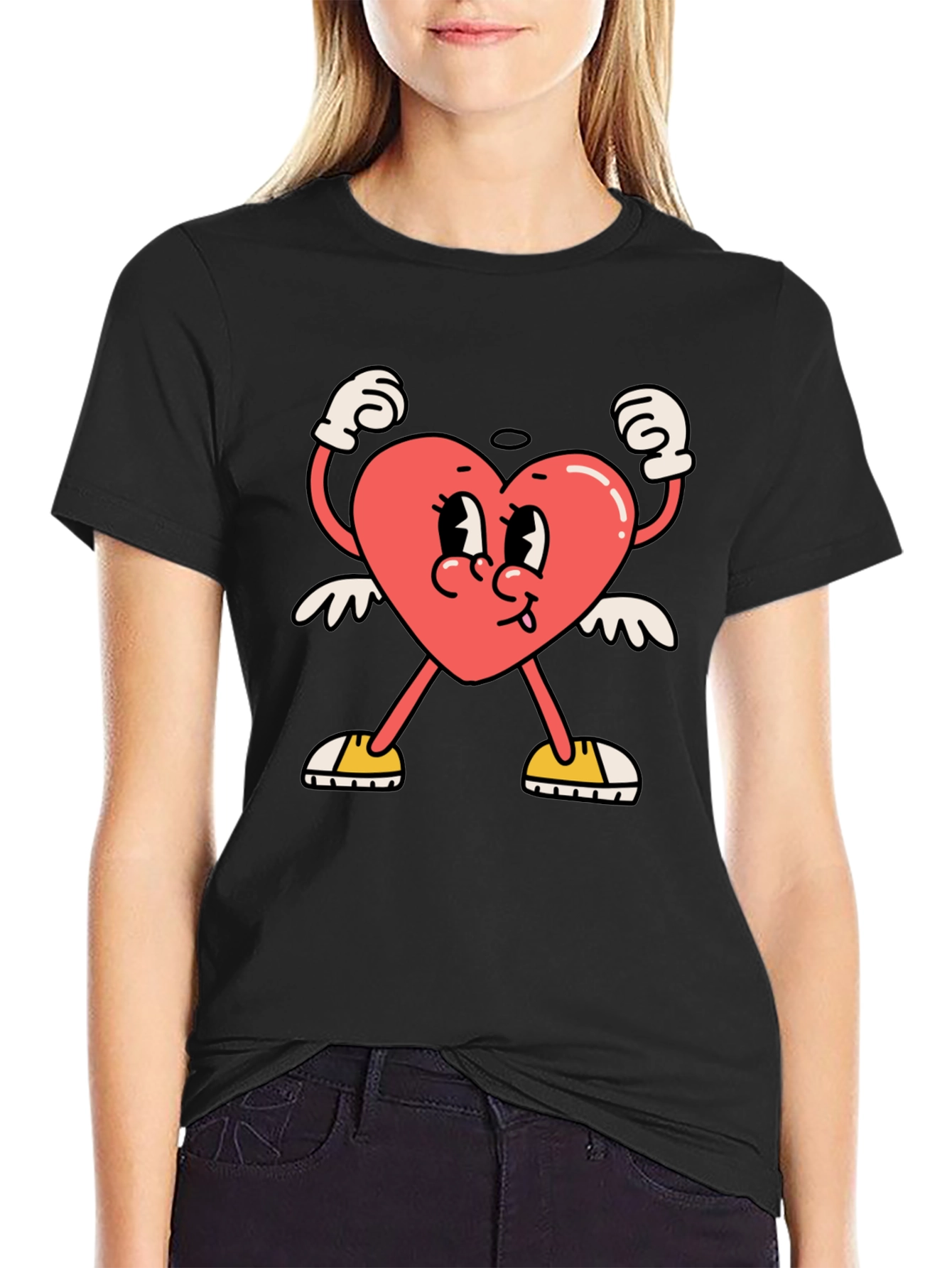 Heart Character Graphic Tee - Black Cotton T-Shirt