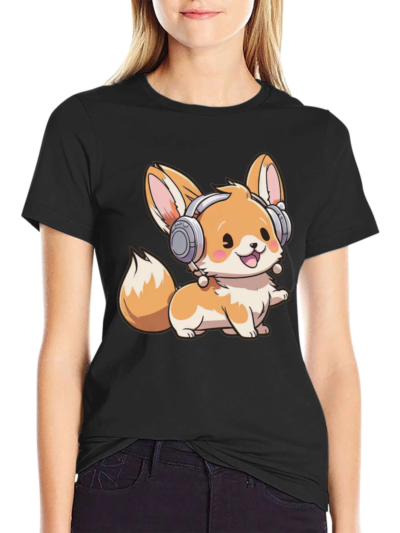 Cute Fox with Headphones Graphic Tee