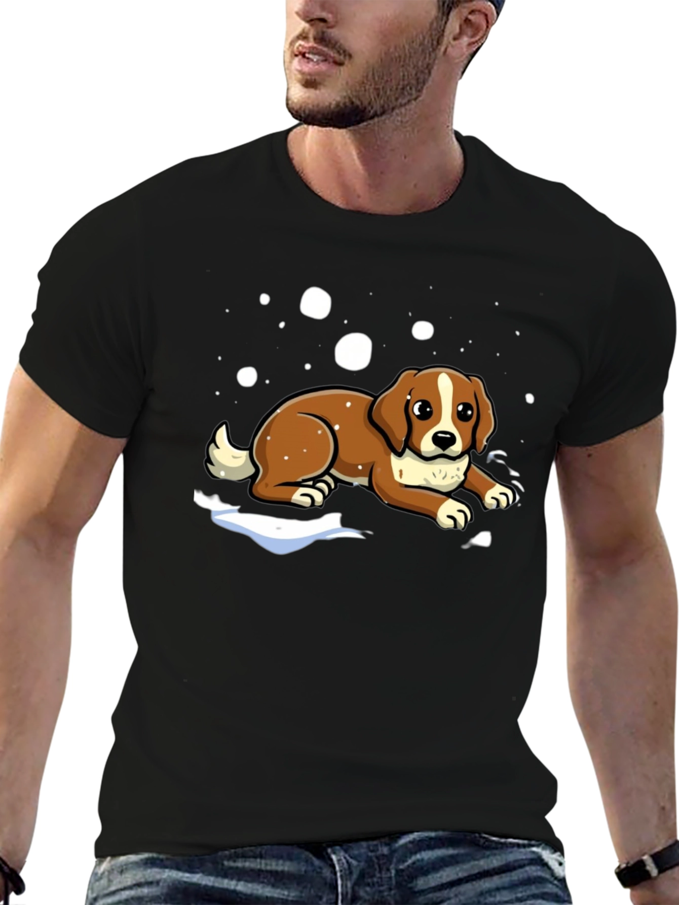 Dog in Snow Graphic Tee - Black Cotton T-Shirt