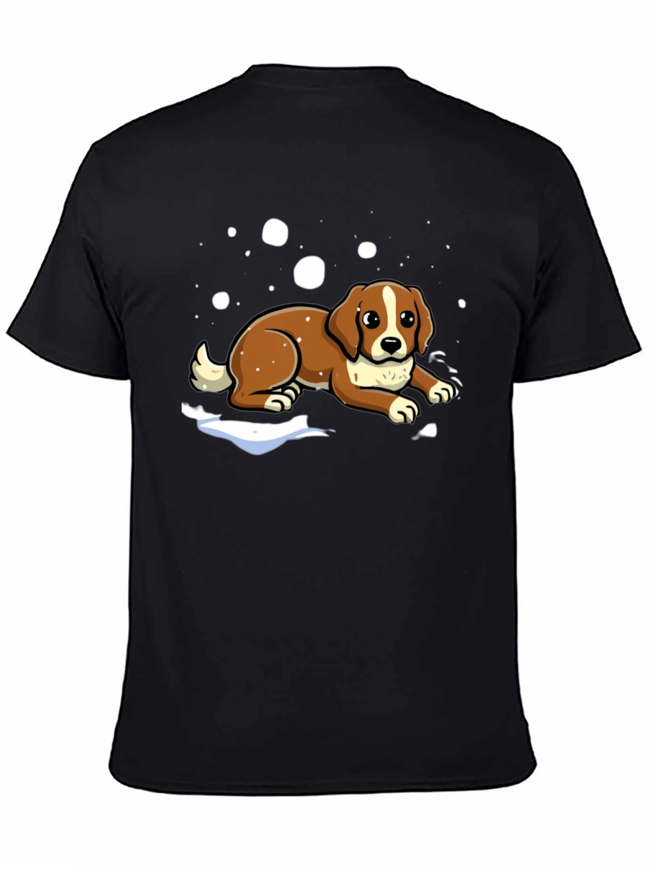 Dog in Snow Graphic Tee - Black Cotton T-Shirt