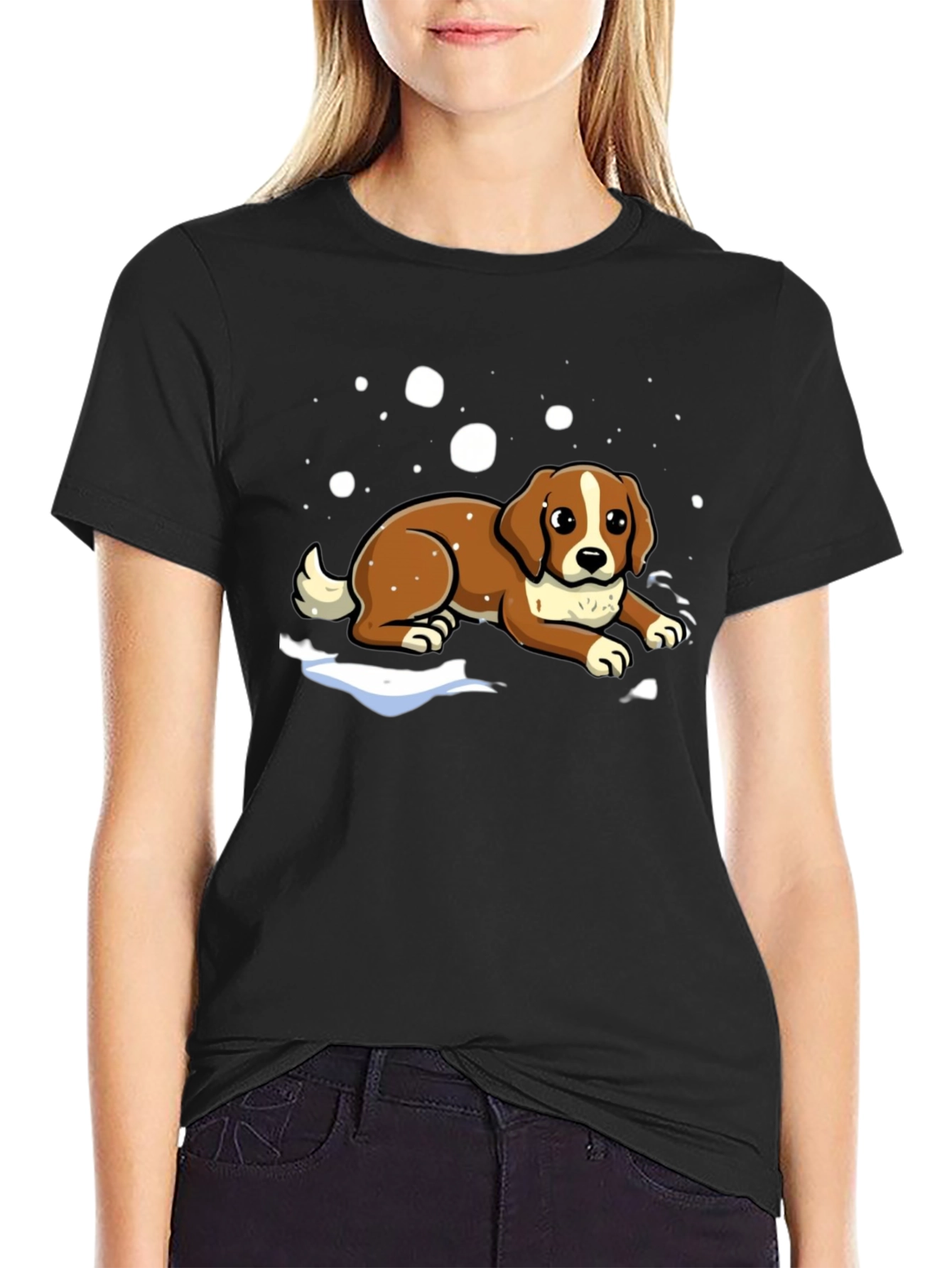 Dog in Snow Graphic Tee - Black Cotton T-Shirt