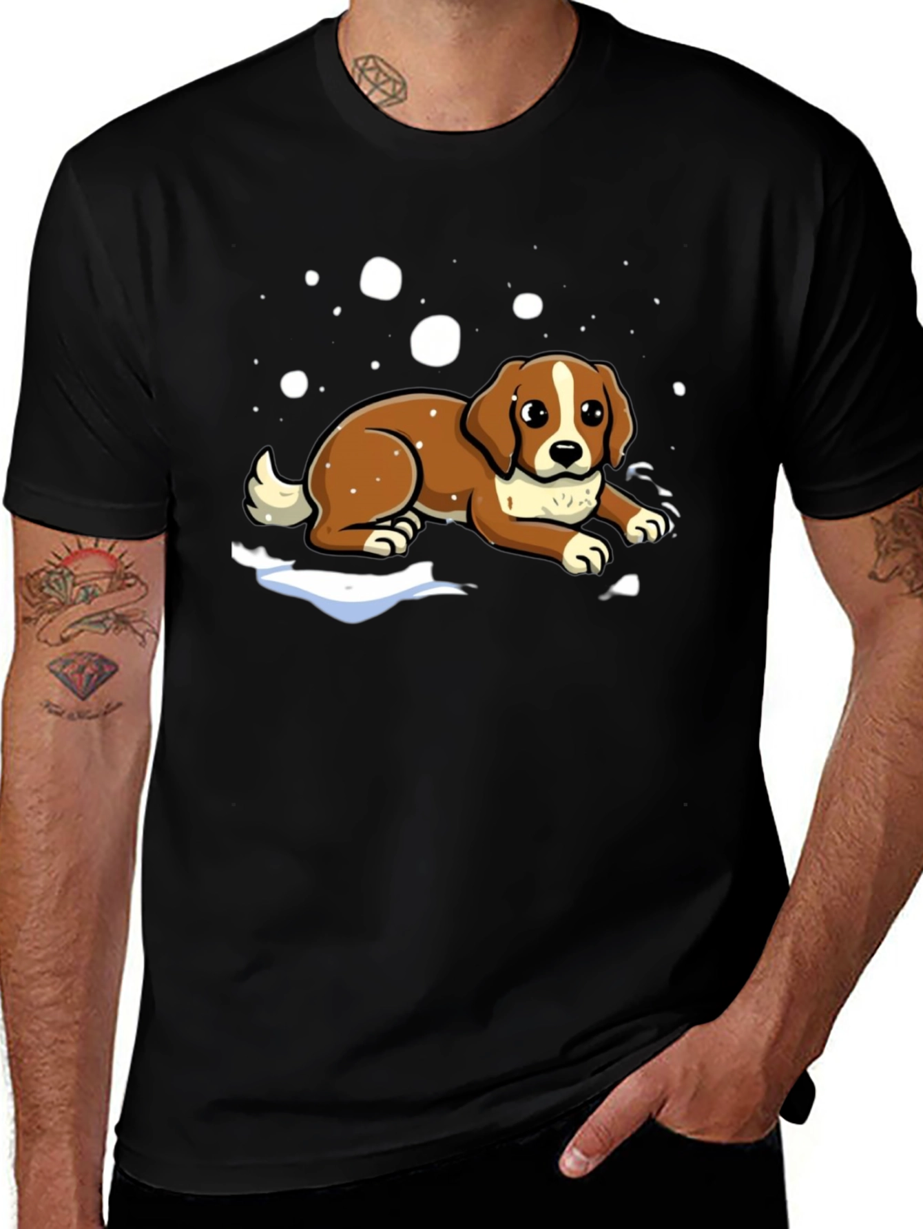 Dog in Snow Graphic Tee - Black Cotton T-Shirt
