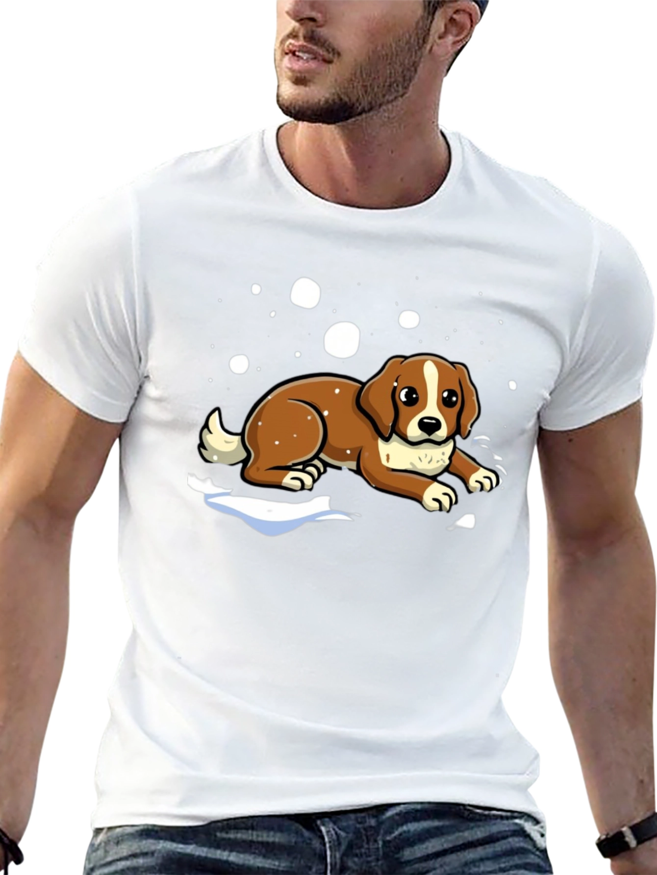 Dog in Snow Graphic Tee - Black Cotton T-Shirt