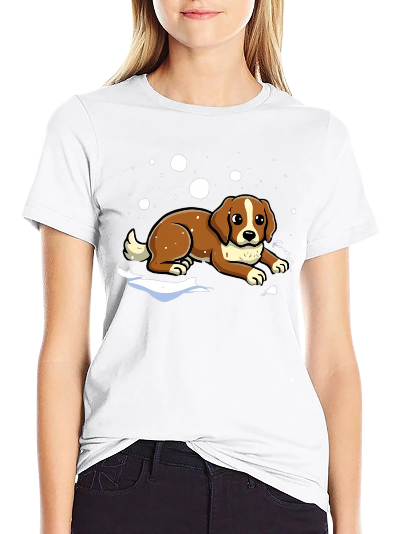 Dog in Snow Graphic Tee - Black Cotton T-Shirt