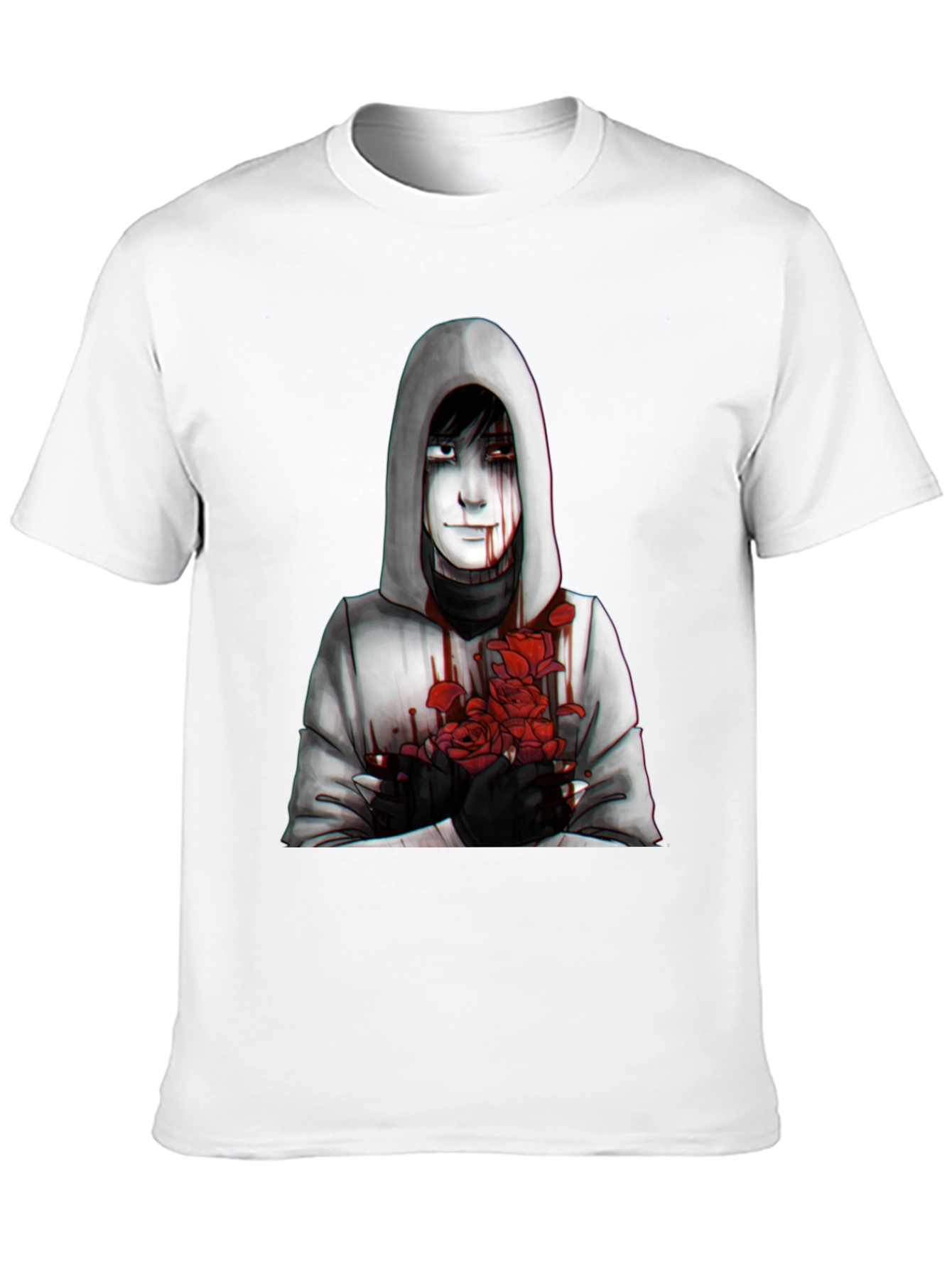 Hooded Figure with Roses Graphic Tee - Dark Aesthetic
