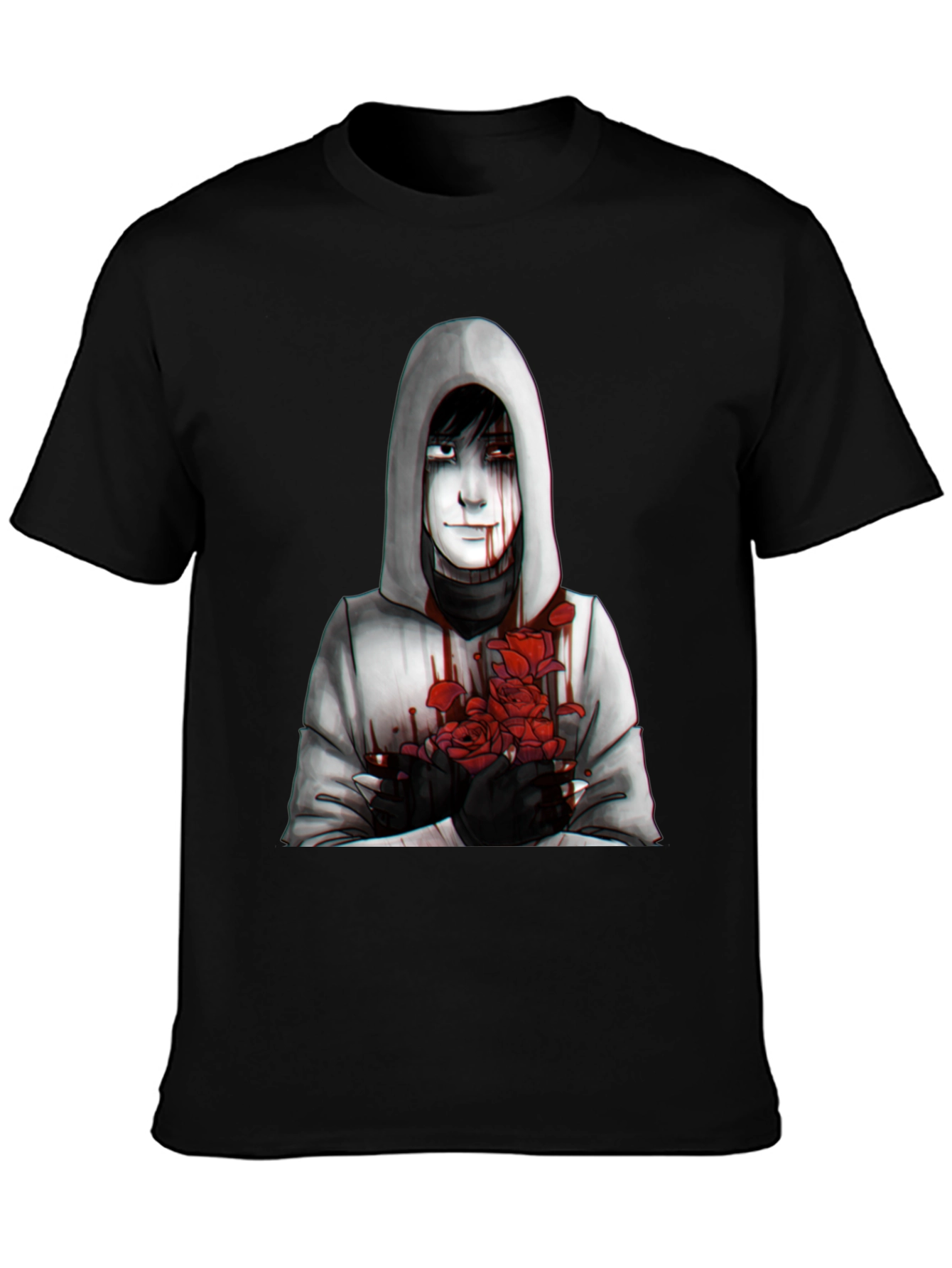 Hooded Figure with Roses Graphic Tee - Dark Aesthetic