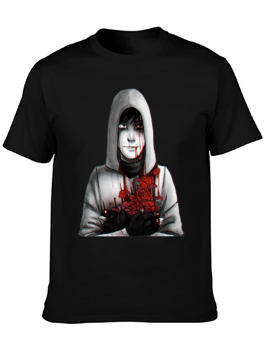 Hooded Figure with Roses Graphic Tee - Dark Aesthetic