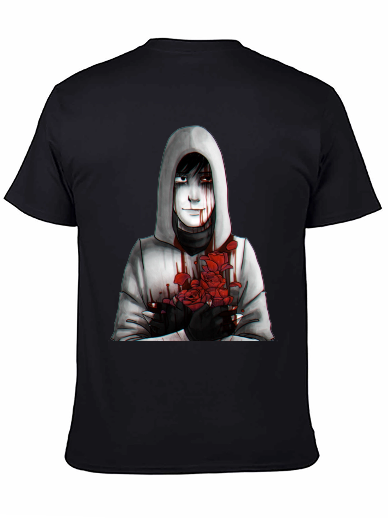 Hooded Figure with Roses Graphic Tee - Dark Aesthetic