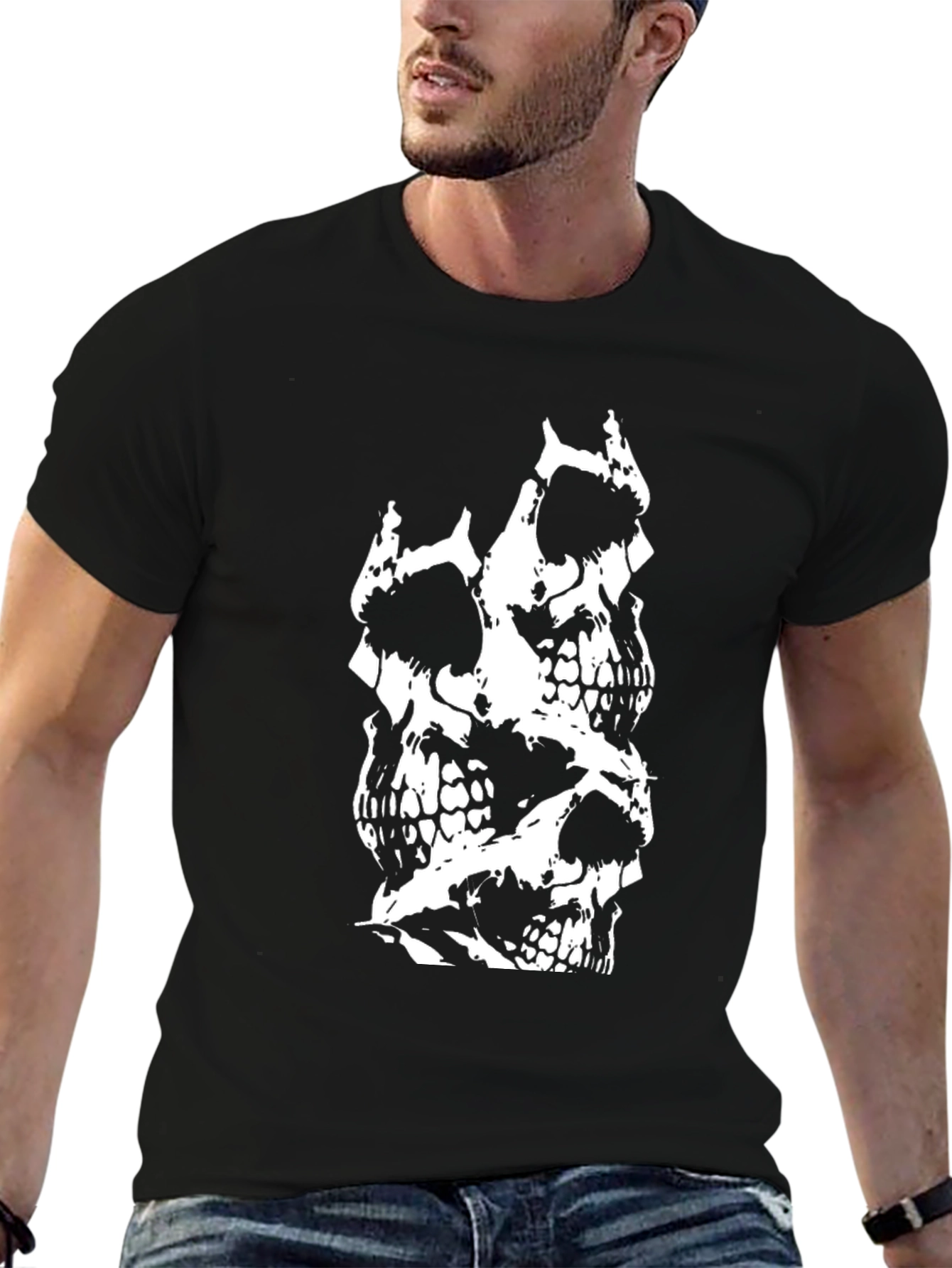 Skull Stack Graphic Tee - Black Cotton T-Shirt