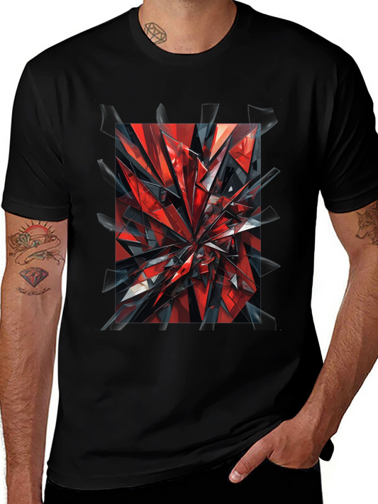 Geometric Shattered Red Graphic Tee - Stylish Mens Black T-Shirt