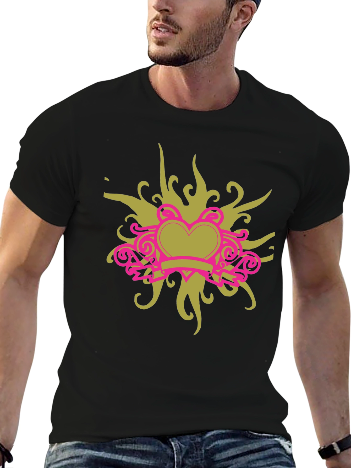 Black T-Shirt with Heart Swirl Design