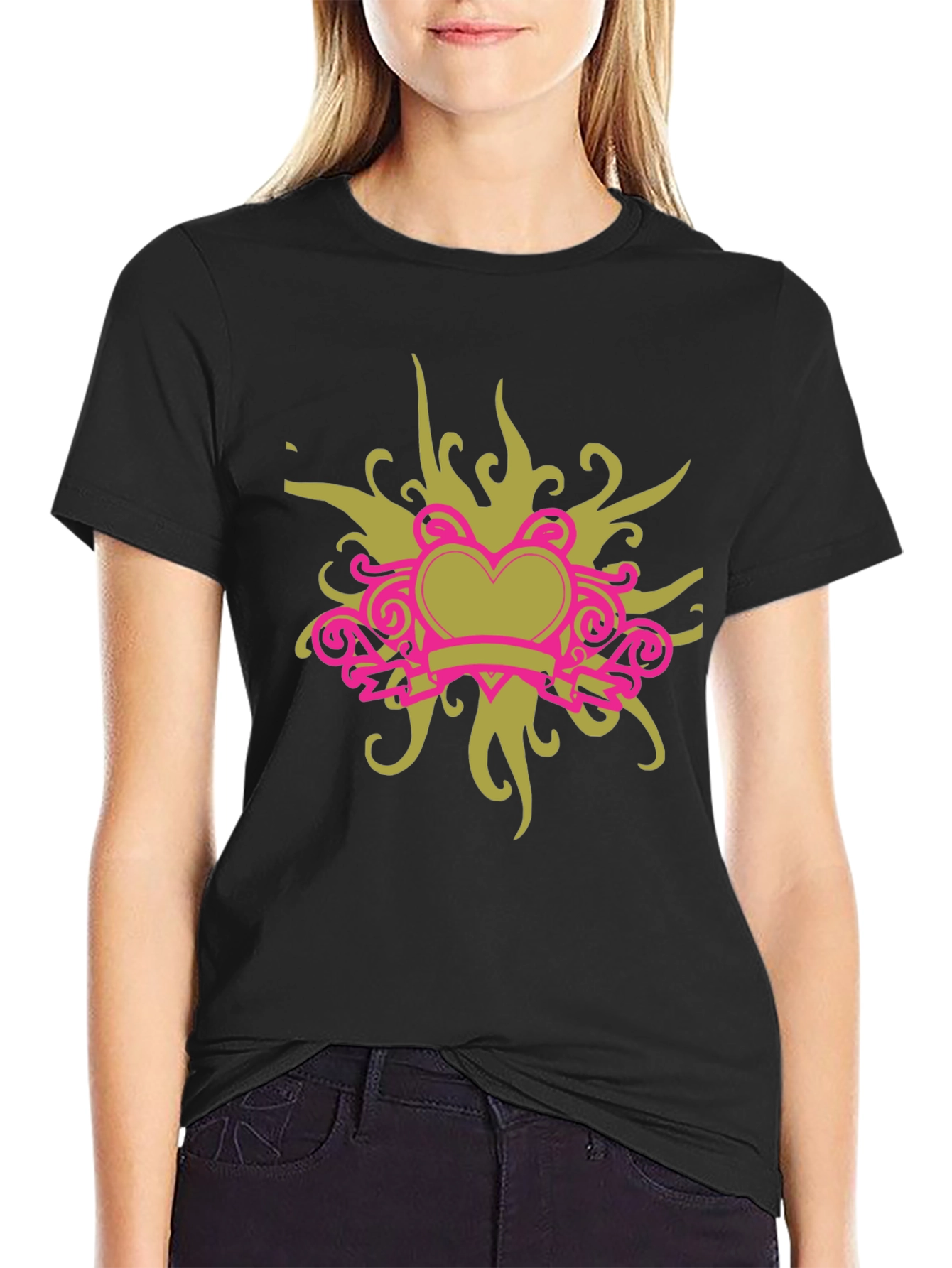 Black T-Shirt with Heart Swirl Design