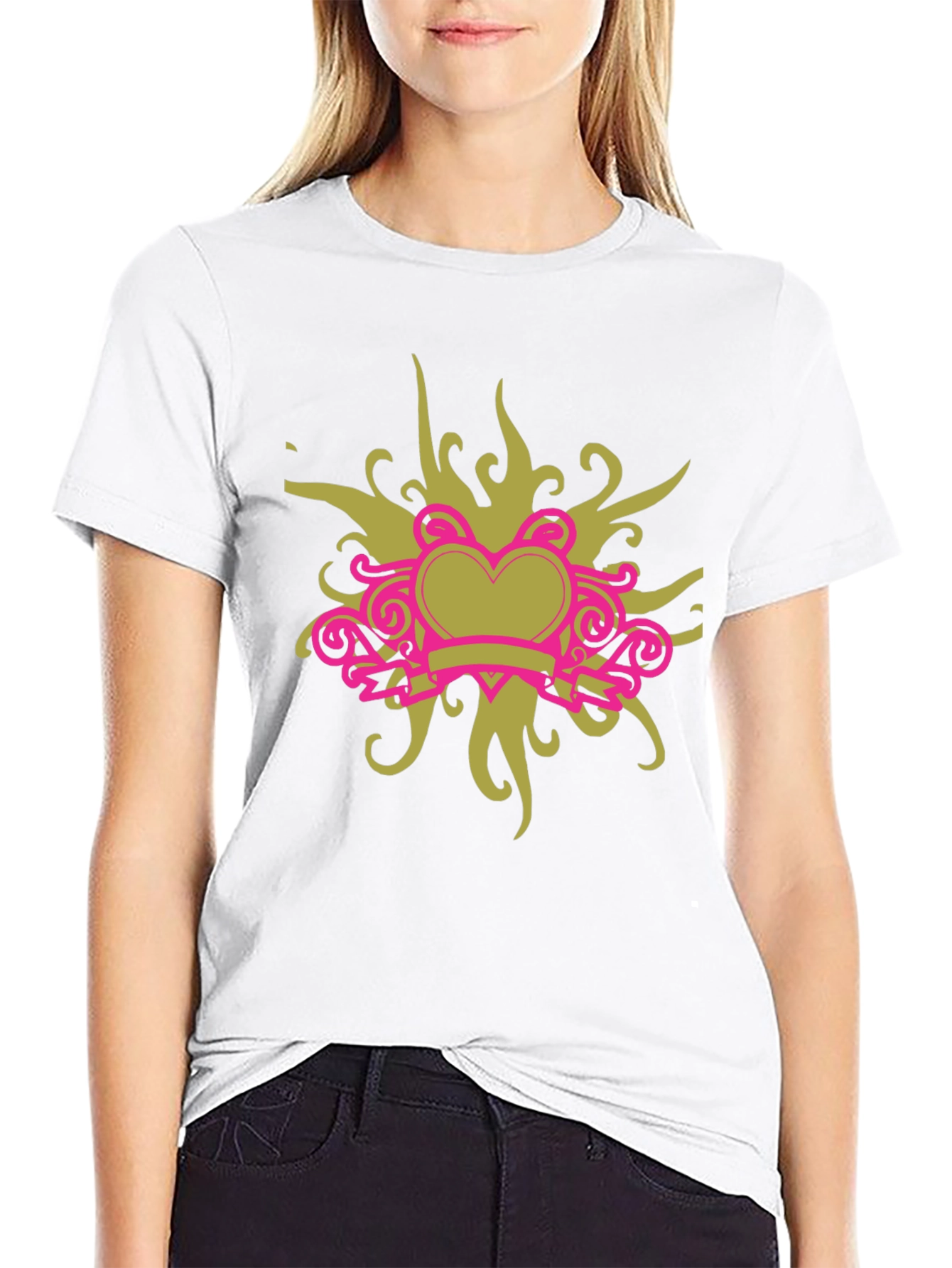 Black T-Shirt with Heart Swirl Design