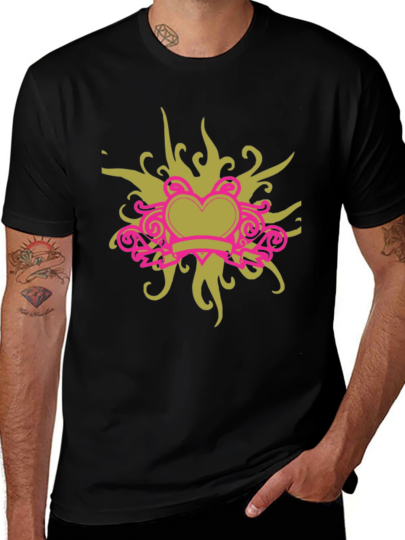 Black T-Shirt with Heart Swirl Design