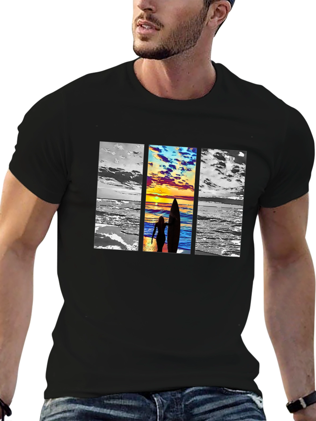 Sunset Surf Graphic Tee - Black Cotton Comfort