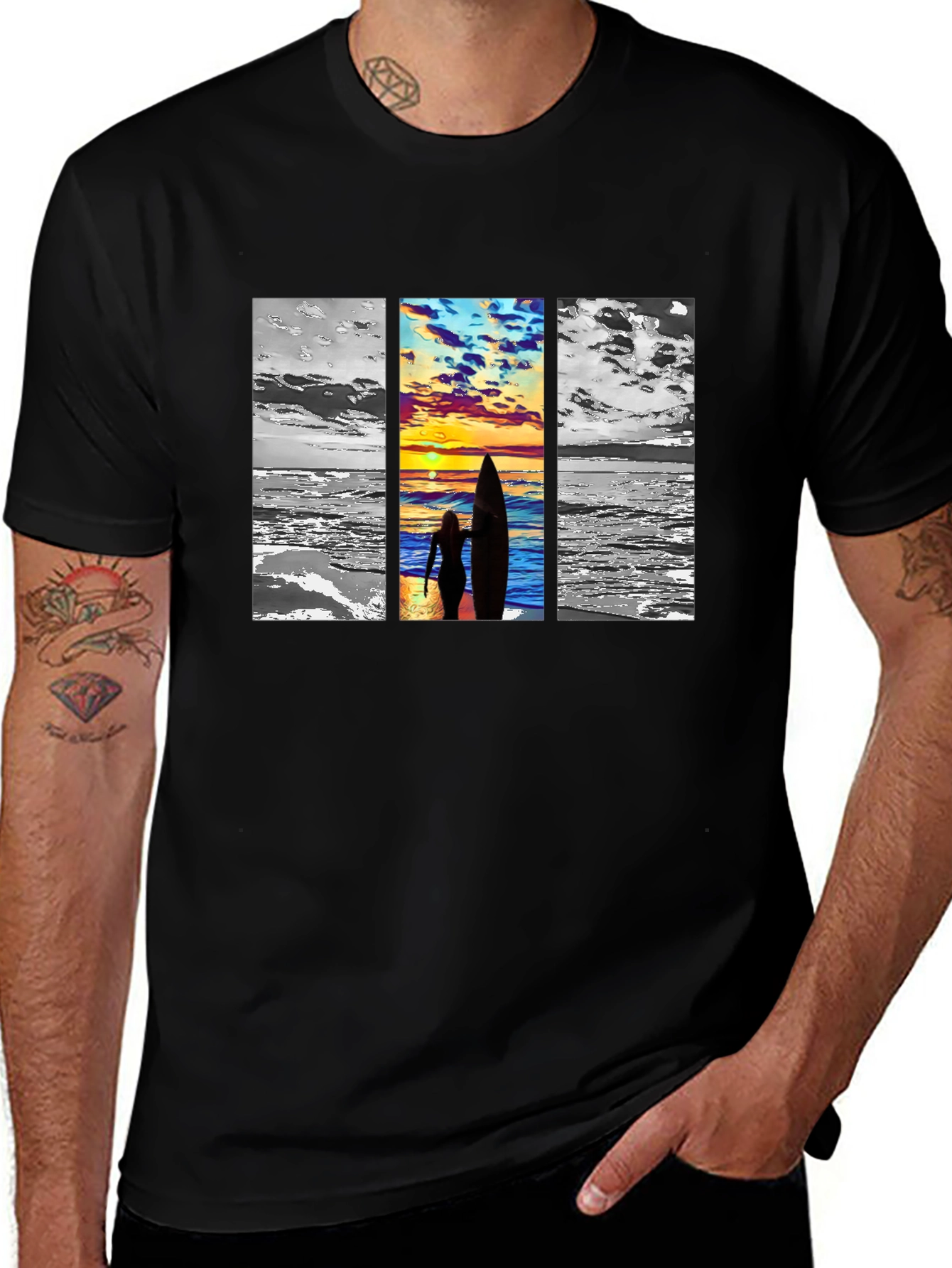 Sunset Surf Graphic Tee - Black Cotton Comfort