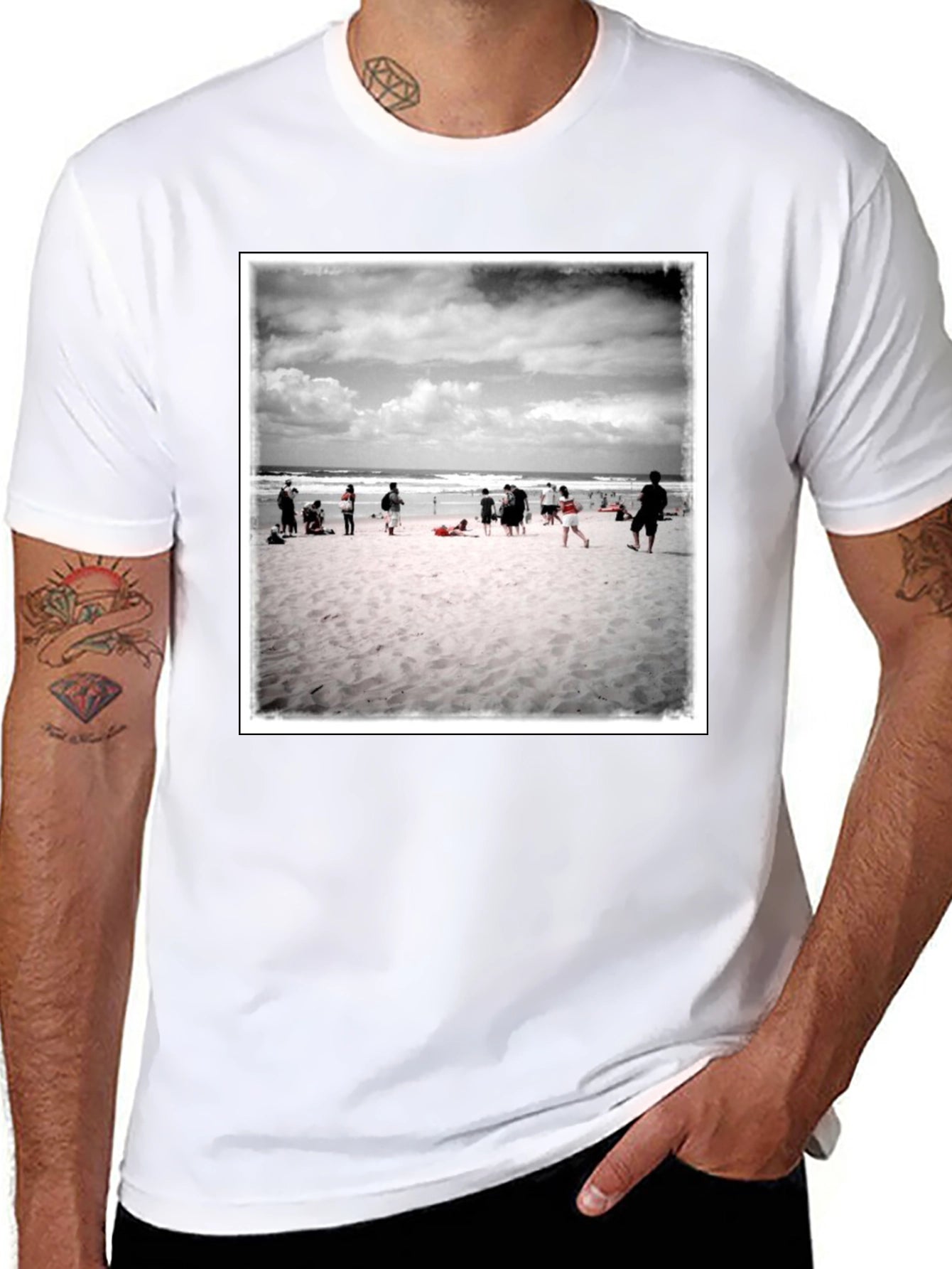 Beach Scene Graphic Tee - Black Cotton T-Shirt