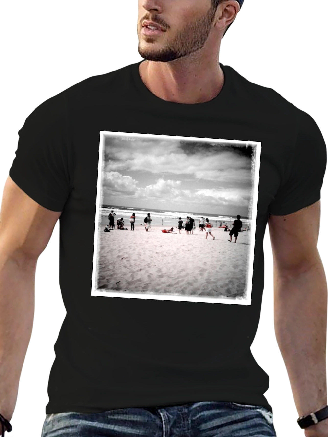 Beach Scene Graphic Tee - Black Cotton T-Shirt